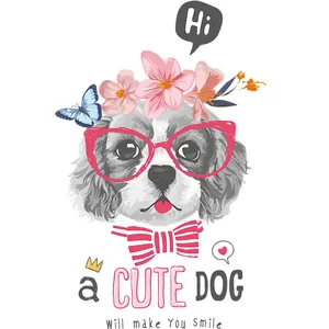 Cute Cartoon Dog Wearing Glasses Heat Transfer Patch For Clothing DIY Washable Iron On Flower Butterfly Print Sticker For Bags T-Shirt