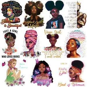 Detailed view of various African American themed heat transfer decals for T-shirts.