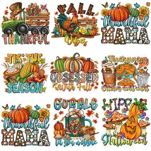 Collection of nine watercolor Fall and Thanksgiving heat transfer patches for DIY clothing