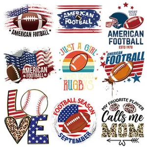 Multiple American football themed heat transfer patches with retro sports designs for apparel