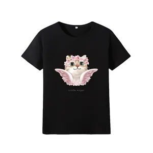 Premium black crewneck t-shirt featuring a cute angel cat graphic with pink wings