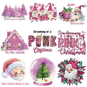 Detailed grid of pink Christmas-themed heat transfer iron-on stickers for clothing DIY.