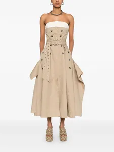 Elegante kaki tweedelige strapless midi-jurk met dubbele knoopsluiting en riem