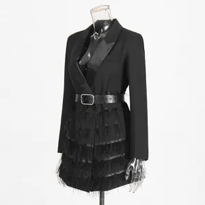 Elegant black blazer mini dress side view featuring ostrich feather layers and belt