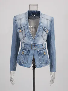 Slim-fit vintage washed denim blazer with gold buttons and adjustable waist belt