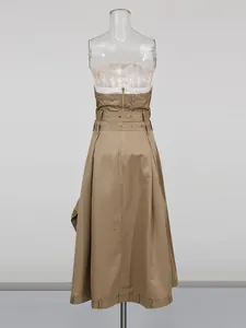 Elegante Koreaanse strapless kaki jurk met dubbele riem en ritssluiting
