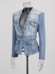 Faded light blue denim blazer with a belted waist and gold buttons