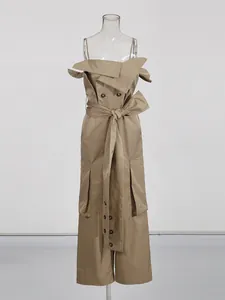 Elegant French style khaki wide-leg jumpsuit with waist bow and spaghetti straps for summer