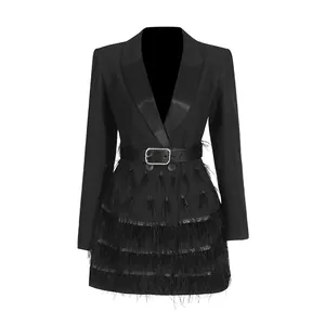 Luxury black blazer dress with long sleeves and tiered ostrich feather fringe detailing