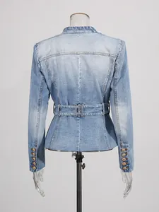 Back view of a distressed light blue denim blazer with waist belt and gold buttons