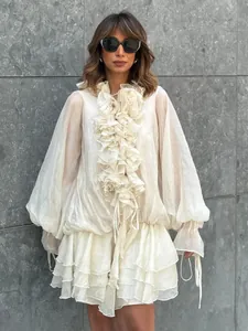 Franse Vintage Zoete Chiffon Mini-Jurk Met Rufflerand En Strikdetail Effen Kleur Lange Mouw V-hals Polyester Katoen Gesplitst Jurk Voor Vrouwen Zomer