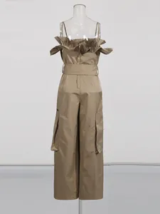 Elegant khaki tube top strapless jumpsuit with waist-cinching belt and wide-leg trousers