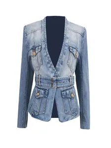 Elegant vintage light wash denim blazer featuring a belted waist and ornate gold buttons