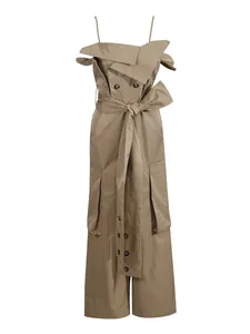 Elegant French style khaki wide-leg jumpsuit with waist tie and off-shoulder design