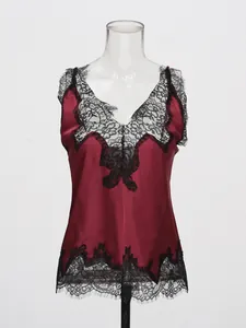 Elegant burgundy V-neck satin camisole featuring delicate black lace trim for women