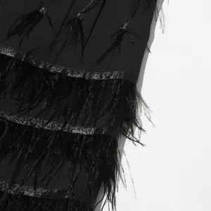 Detailed view of exquisite black ostrich feather layers and metallic textured banding