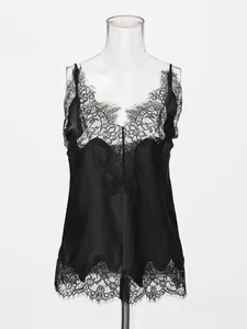 Elegant black French style satin camisole with delicate lace trim on neckline