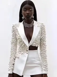 Completo Gonna Donna con Blazer Irregolare e Perline Artificiali Scollo a V Profondo e Gonna Mini Elegante
