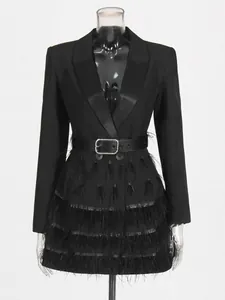 Elegant black long sleeve blazer dress with ostrich feather trim and belt