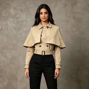 Gilet court kaki chic avec cape amovible et ceinture à la taille pour femme.