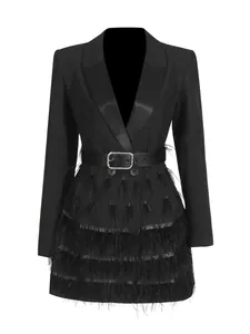 Elegant black ostrich feather blazer dress with rhinestone belt and long sleeves