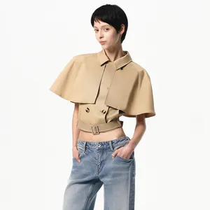 Veste courte sans manches kaki à cape amovible et ceinture réglable pour femme chic