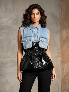 Dames Denim Patchwork Gewatteerd Vest Jas Mouwloos Contrastkleur Trekkoord Tailleband Metallic Glanzend Forens Casual Bovenkleding