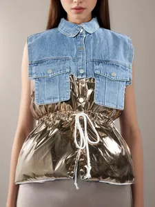 Trendy denim en metallic goud patchwork vest met verstelbaar trekkoord voor dames.