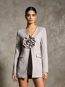 Veste Blazer Ajustée à Col en V avec Fleur Patchwork pour Femme Sexy Manches Longues Bouton Unique Bureau Fête Top