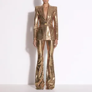 Luxurious gold sequin blazer and flared trousers two-piece suit set for evening wear