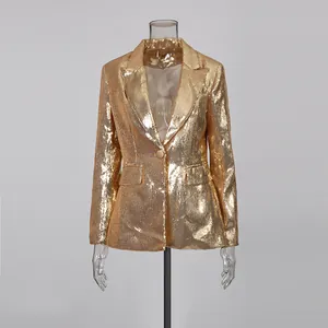 Front view detail of a high-end gold sequined blazer on a clear mannequin display