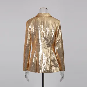 Back view of a shimmering gold sequined blazer showing tailored fit and texture