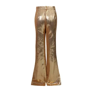 Elegant back view of glamorous gold sequin wide-leg trousers for parties and events