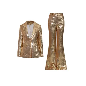 Glamorous two-piece gold sequin blazer and flared trouser suit set for women