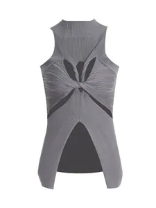 Stylish grey mock neck sleeveless knit vest featuring trendy twist cutout and irregular hem