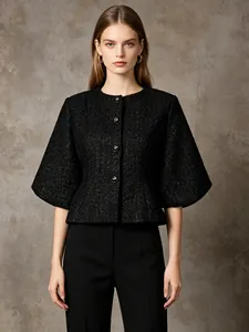 Women Elegant Sequin Tweed Jacket Puff Sleeve Round Neck Single Breasted Slim Fit Short Coat Luxury Fashion Outerwear Top