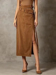Damen American Trendy Braun Polyester Wildlederimitat Maxirock Streetwear Hohe Taille Spleißen Gürtel Gerader Langer Rock Mit Schlitz