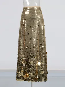 Eleganter, luxuriöser goldener Pailletten-Maxirock mit hoher Taille für Partys