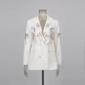 Elegant white long sleeve blazer with colorful fireworks embroidery and flap pockets