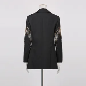 Back view of black blazer with gold and silver fireworks embroidery on sleeves
