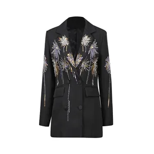 Elegant black blazer with retro firework embroidery and a slim tailored waist design.