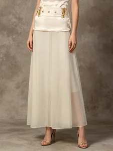Elegant Apricot Sheer Mesh Patchwork Maxi Skirt For Women High Waisted Tiered Gauze Long Skirt With Metal Charm Summer Commute Design