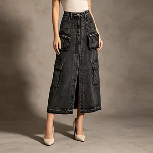 Stylish black washed denim cargo maxi skirt with front slit and multiple utility pockets