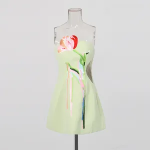 Franse retro geborduurde strapless mini-jurk met hoge taille lichtgroen