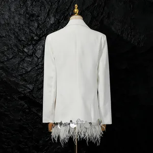 Elegant back view of a white blazer featuring ostrich feather and silver sequins