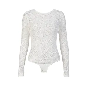 Elegant white lace long-sleeve bodysuit with intricate floral patterns and sheer texture.