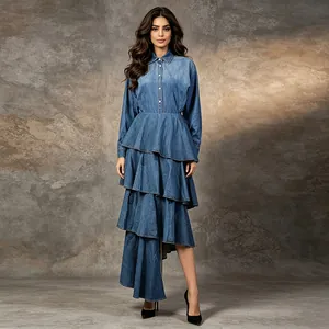 Elegant tiered denim skirt and shirt set showing the full layered silhouette design
