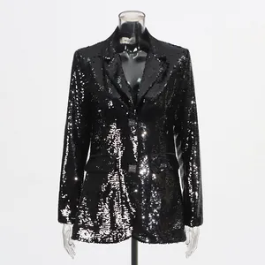 Elegant long-sleeved black sequin blazer with V-neck and square buttons for women's party wear