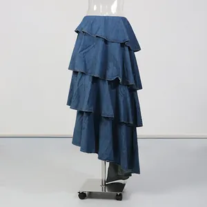 Detailed view showing the multi-layered tiers of a vintage blue denim midi skirt