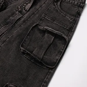 Close-up view of the cargo pocket and metal zipper detail on an acid wash denim skirt